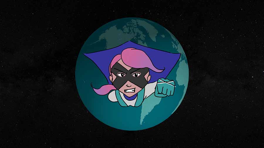 Cartoon super hero flying toward you from the Earth.